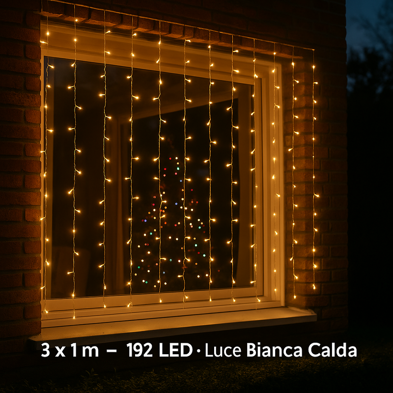 Tenda Luci Di Natale 192 Led 3x1m Bianca Calda