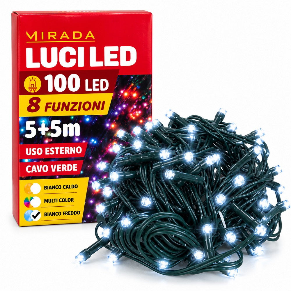 mirada luci di natale 100 led bianco freddo cavo verde ean 8051944716726