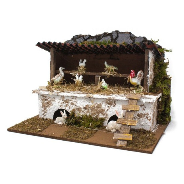 Stalla con polli e conigli per presepe 24x14x12 cm