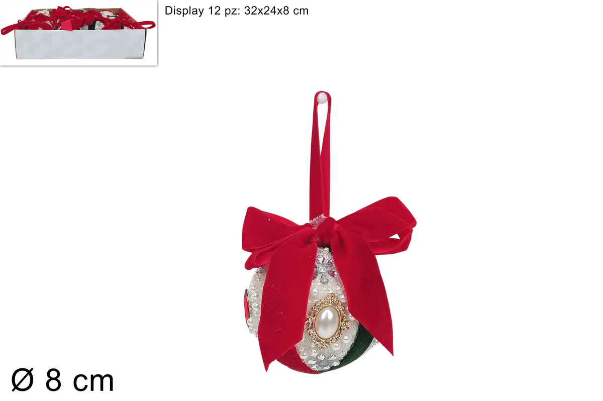 PALLA Natale 8 cm CON PERLINE e FIOCCO ROSSO