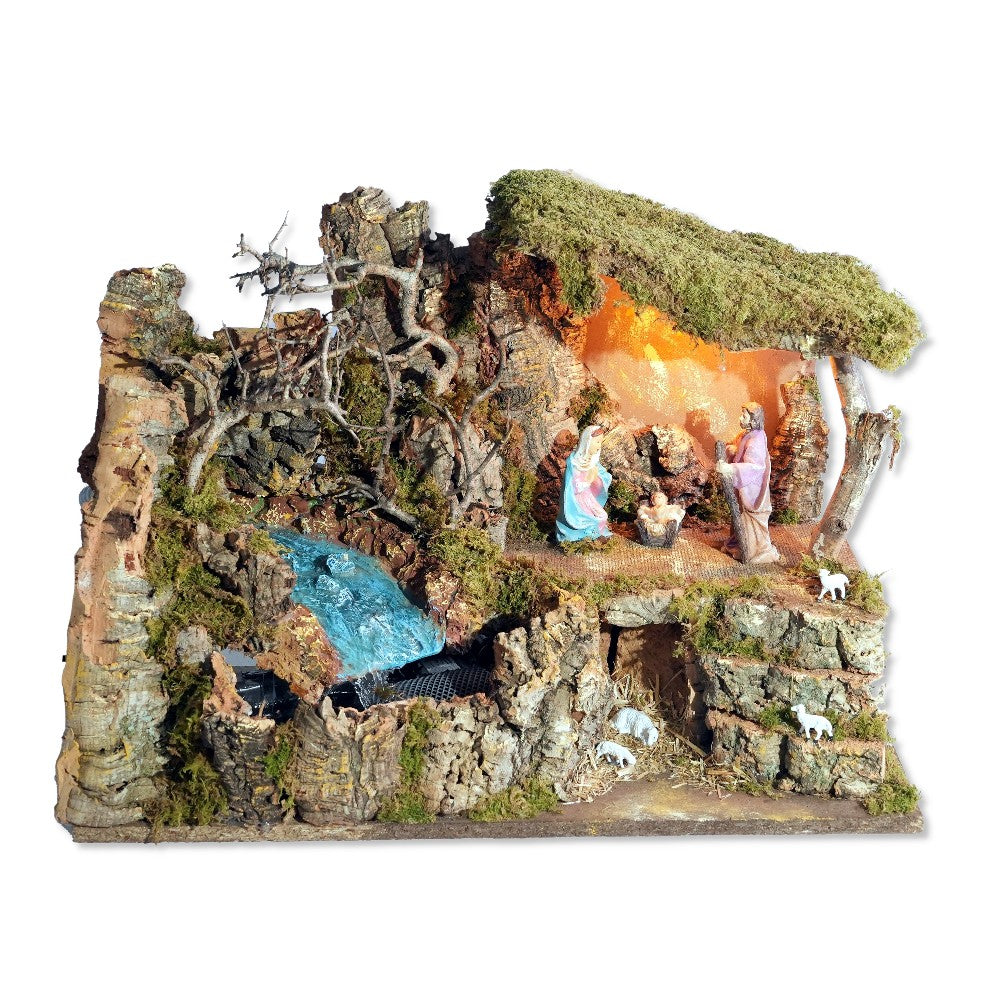 Capanna 50x26x36 cm con cascata, pompa, luce e natività