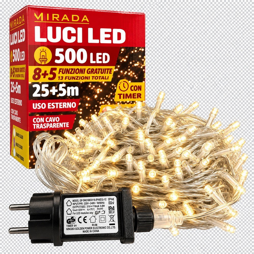 Luci di Natale 500 Led Bianco Caldo Cavo Trasparente - immagine 2