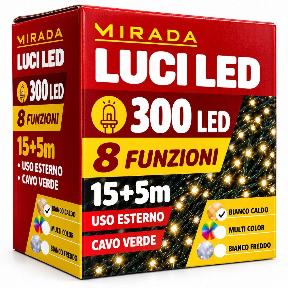 Luci di Natale 300 Led Bianco Caldo Cavo Verde