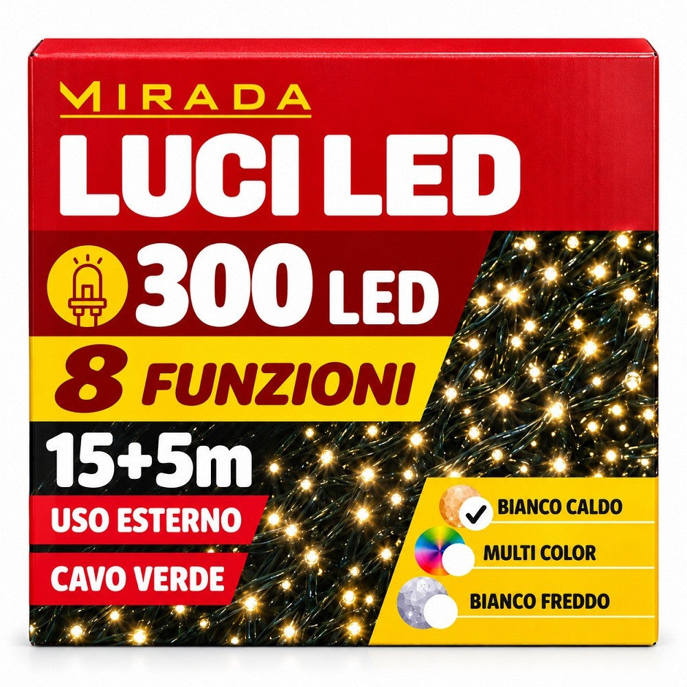 Luci di Natale 300 Led Bianco Caldo Cavo Verde - immagine 3