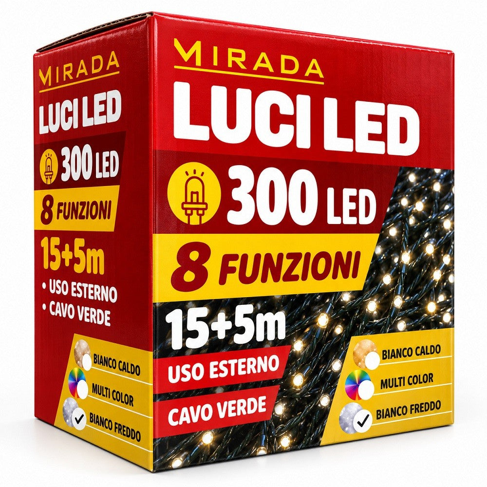 Luci di Natale 300 Led Bianco Freddo Cavo Verde