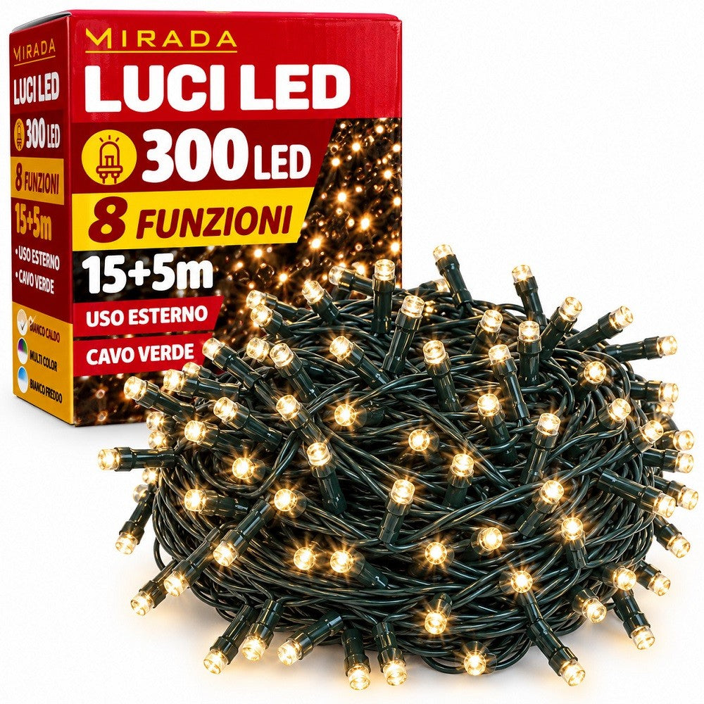 Luci di Natale 300 Led Bianco Caldo Cavo Verde - immagine 2