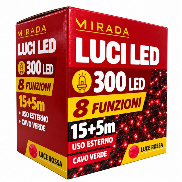 Luci di Natale 300 Led Rossi Cavo Verde