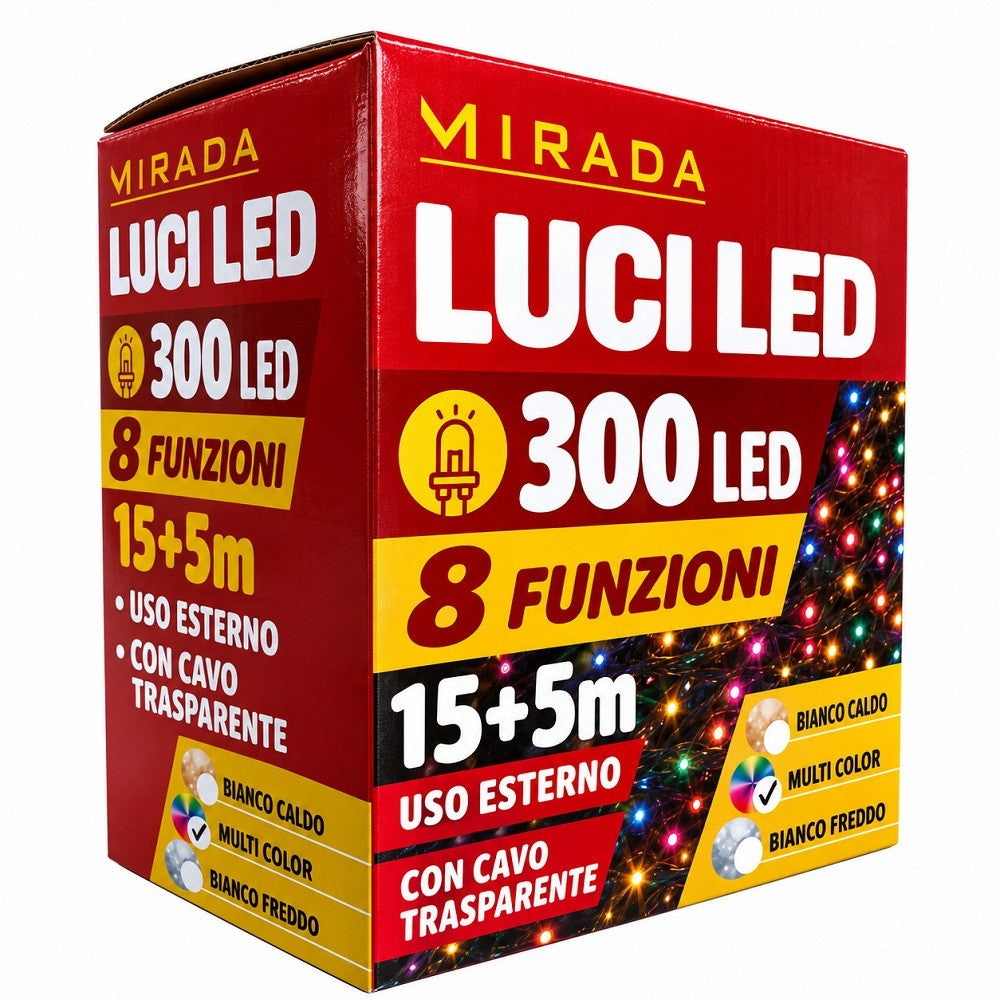 Luci di Natale 300 Led Multicolor Cavo Trasparente