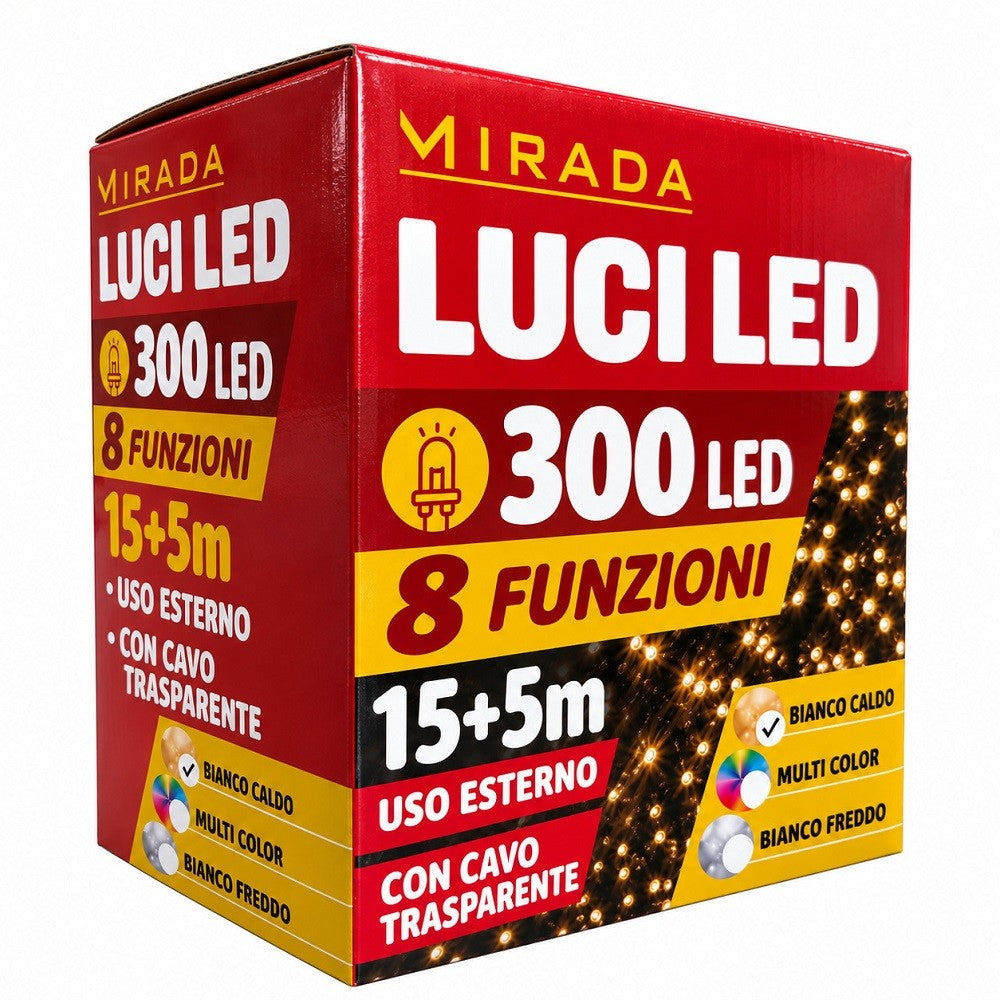 Luci di Natale 300 Led Bianco Caldo Cavo Trasparente