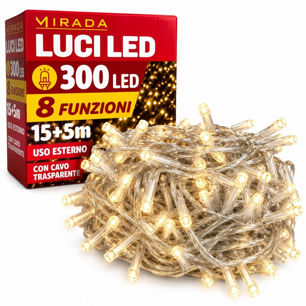 Luci di Natale 300 Led Bianco Caldo Cavo Trasparente - immagine 2