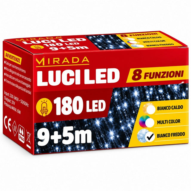 Luci di Natale 180 Led Bianco Freddo Cavo Verde