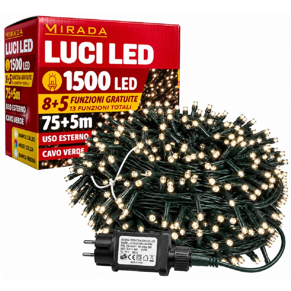 Luci di Natale 1500 Led Bianco Caldo Cavo Verde - immagine 2
