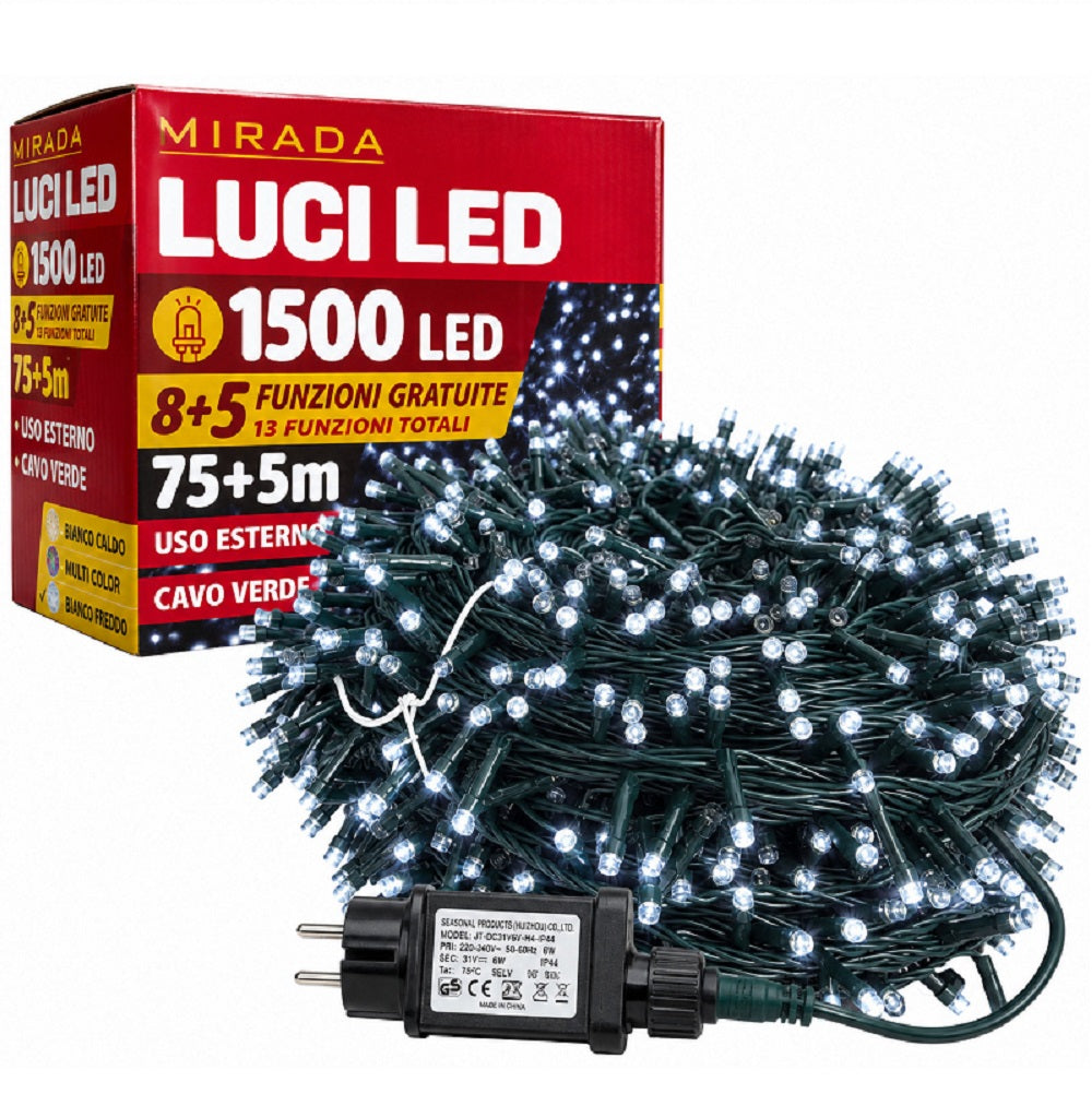 Luci di Natale 1500 Led Bianco Freddo Cavo Verde - immagine 2