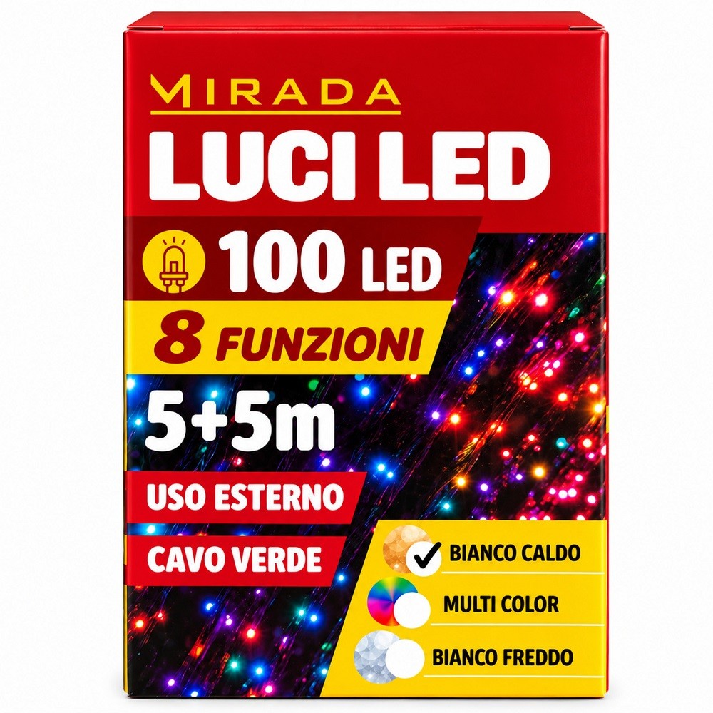 Luci di Natale 100 Led Bianco Caldo Cavo Verde - immagine 3