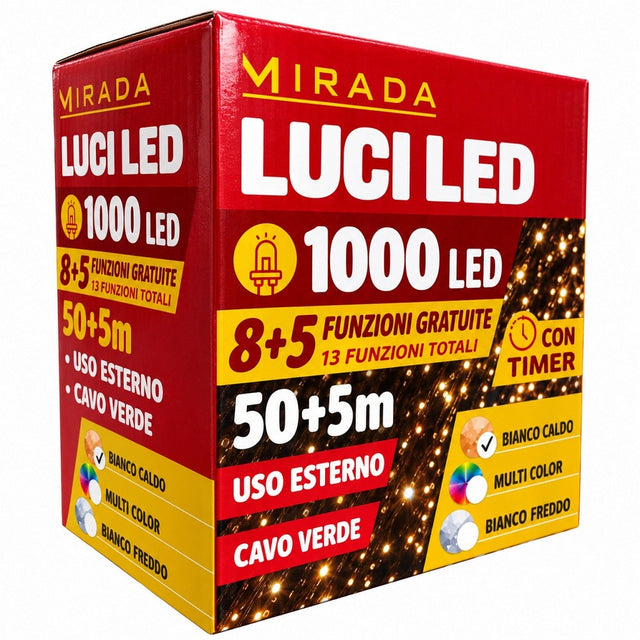 Luci di Natale 1000 Led Bianco Caldo Cavo Verde