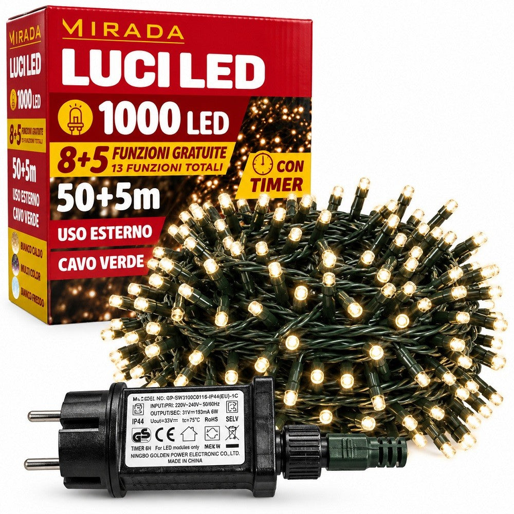 Luci di Natale 1000 Led Bianco Caldo Cavo Verde - immagine 2