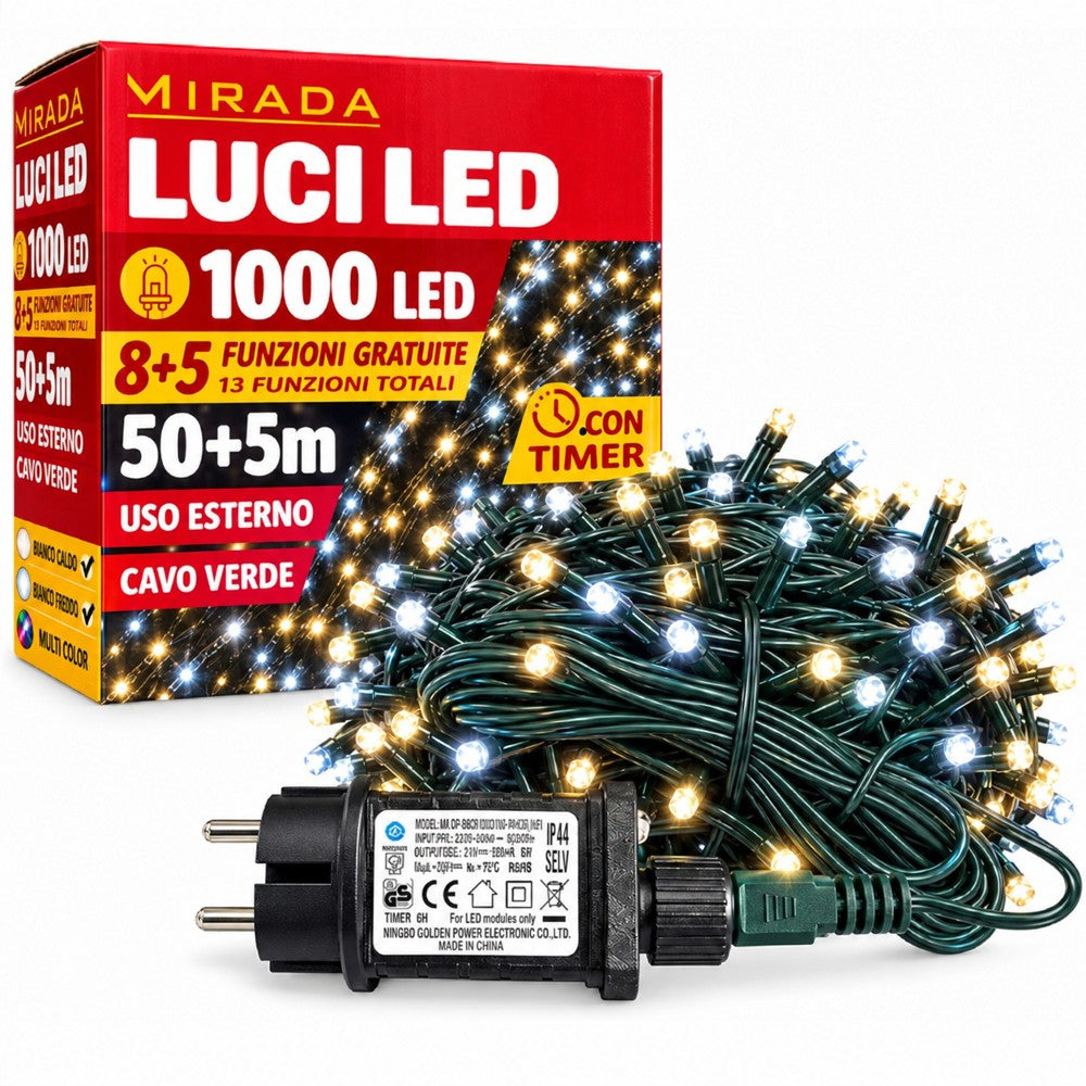 Luci di Natale 1000 Led bianco caldo/freddo cavo verde - immagine 2