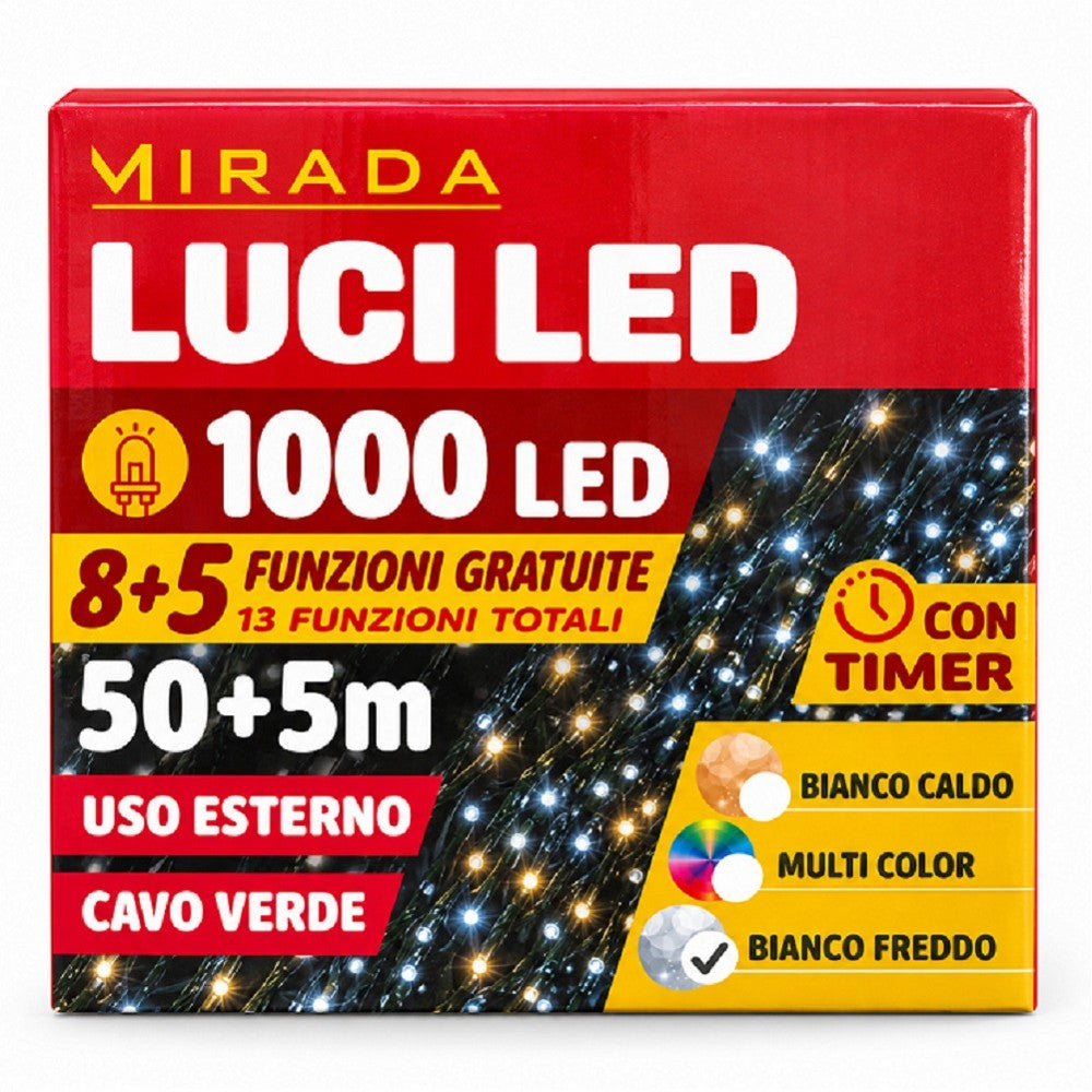 Luci di Natale 1000 Led Bianco Freddo Cavo Verde - immagine 3