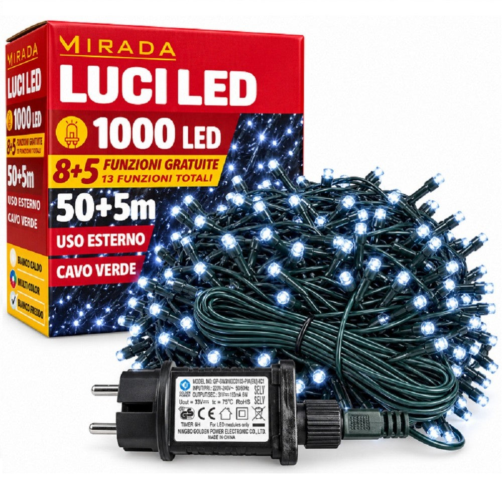 Luci di Natale 1000 Led Bianco Freddo Cavo Verde - immagine 2
