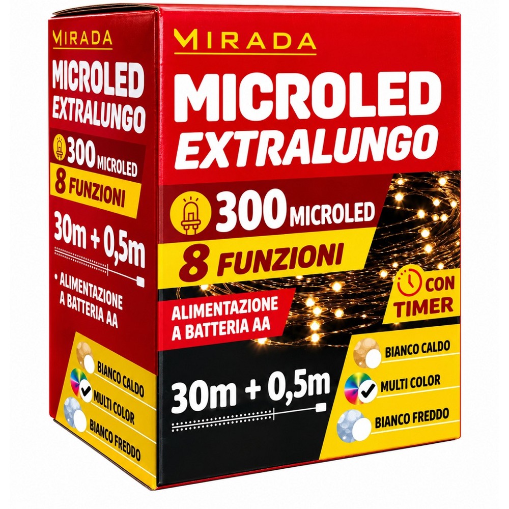 Luci di Natale 300 Microled a Batteria Multicolor 30X0,5 mt