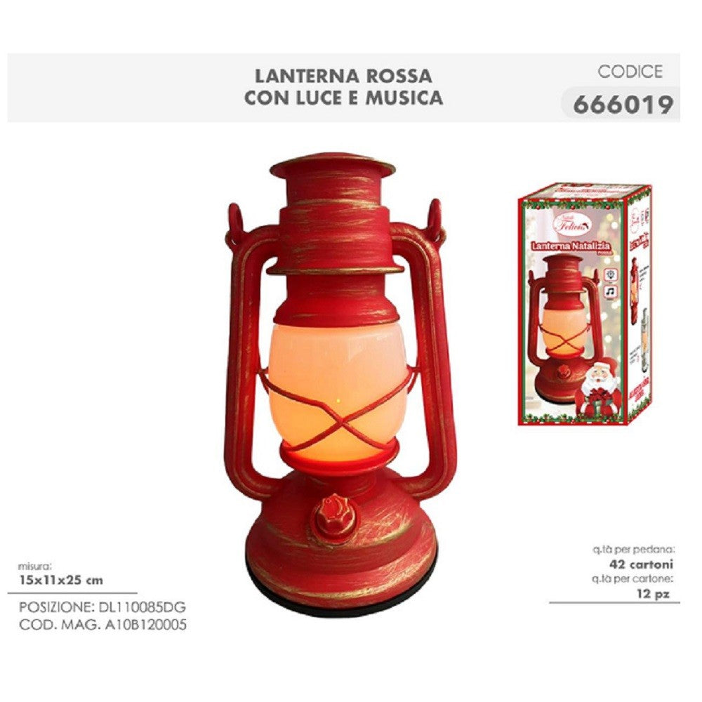 Lanterna Natalizia Rossa con Luce e Musica 15x11x25 cm