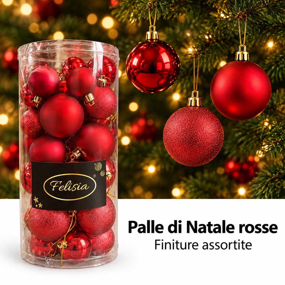 Pallina di natale rossa 4-5-6 cm set 30 pz decori assortiti