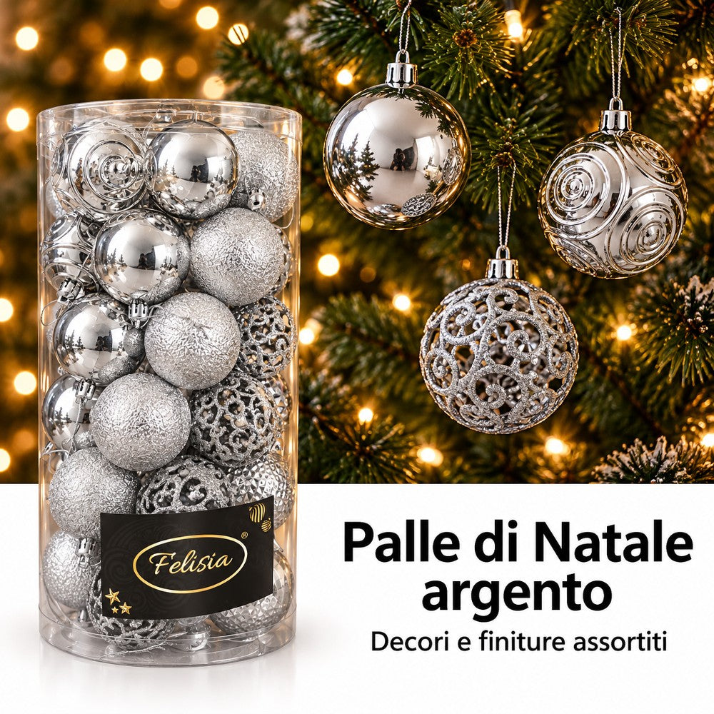 Pallina di natale argento 6 cm set 36 pz decori assortiti