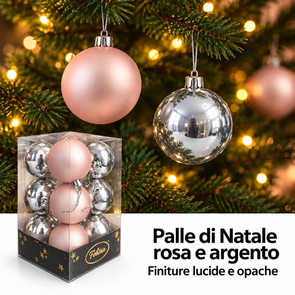 Pallina di natale rosa 6 cm set 12 pz lucide/opache
