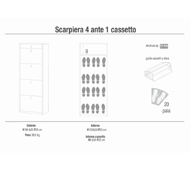 SCARPIERA KIRI 4 ANTE E 1 CASSETTO 20 Paia