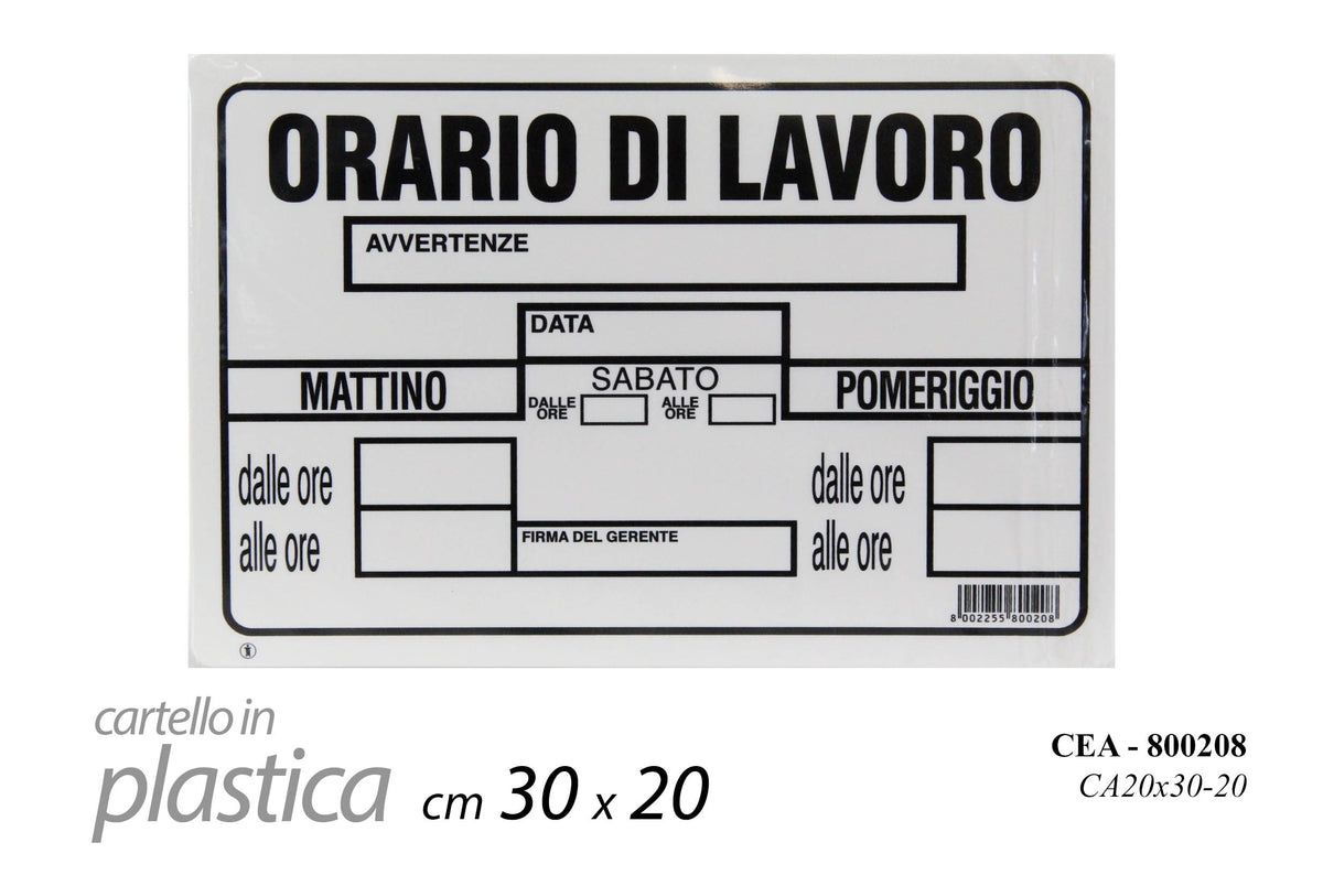 nbr cartello orario di lavoro 20x30cm ean 8034048400258