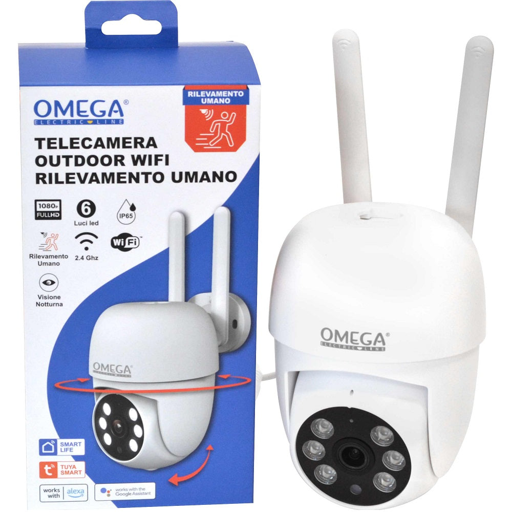 omega telecamera smart wifi esterno fhd 1080p ip65 bianca ean 8055384195547