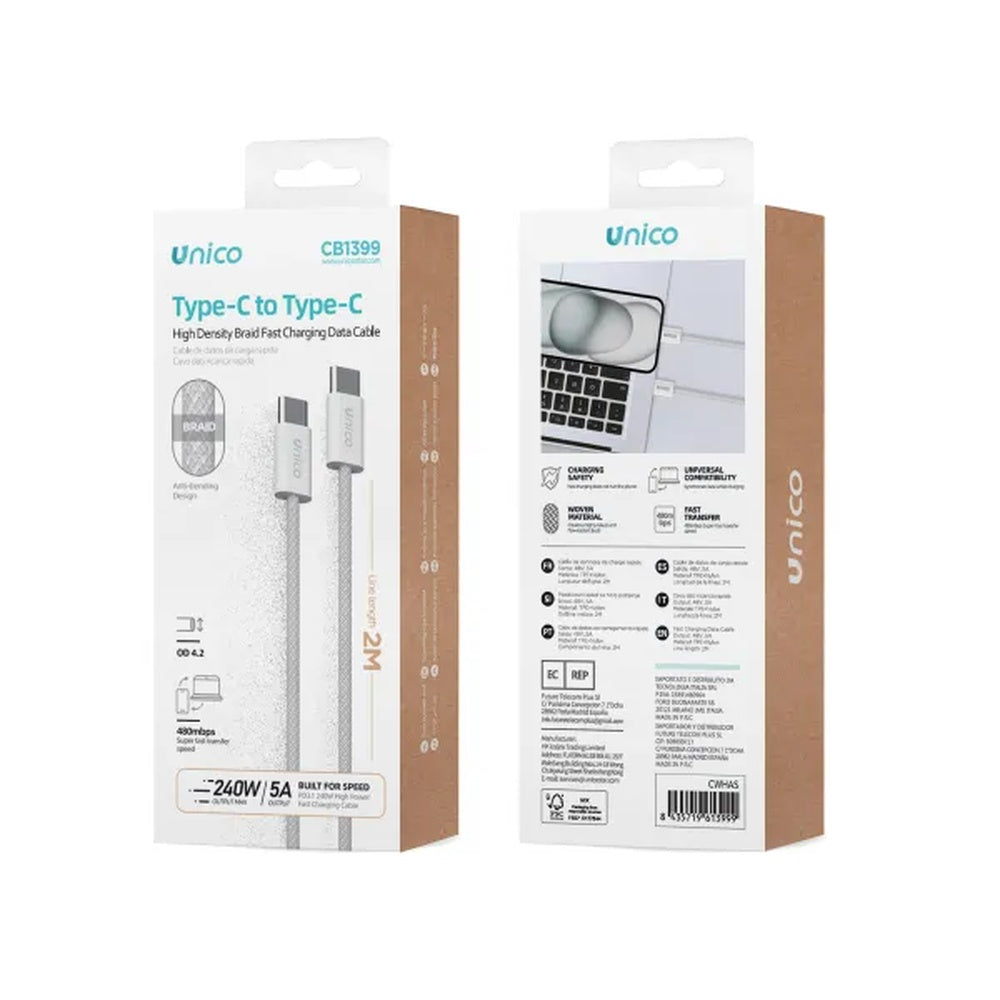 unico cavo usb c 5a 2 mt 240 w alta densita bianco ean 8435719613999