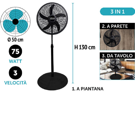 coveri ventilatore piantana nero 3 in 1 50x130 cm 75 w ean 8024972109310