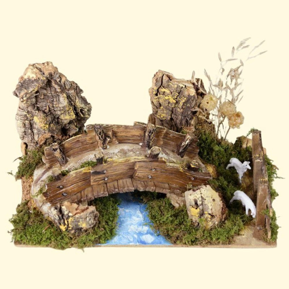 Ponte su fiume 20x14x12 cm in resina con pecore