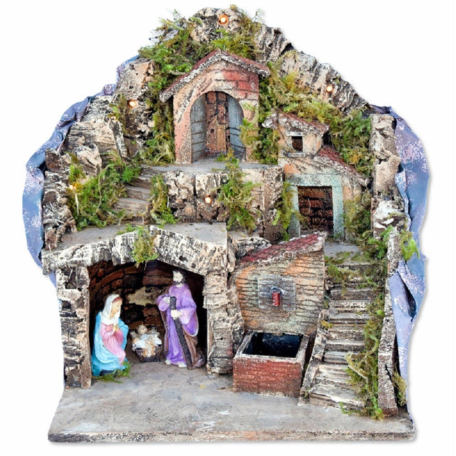 Presepe con luci e fontana 33x27x35 cm