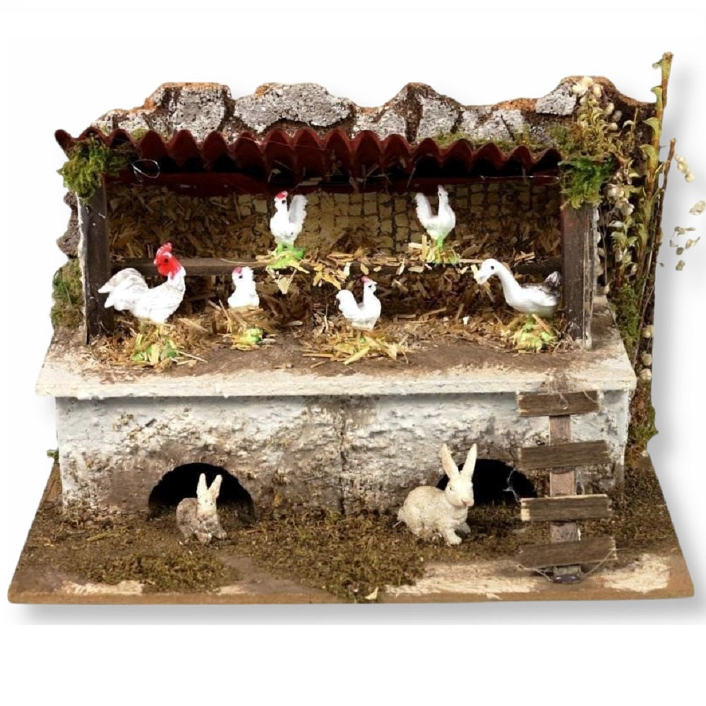 Stalla con polli e conigli per presepe 24x14x12 cm - immagine 2