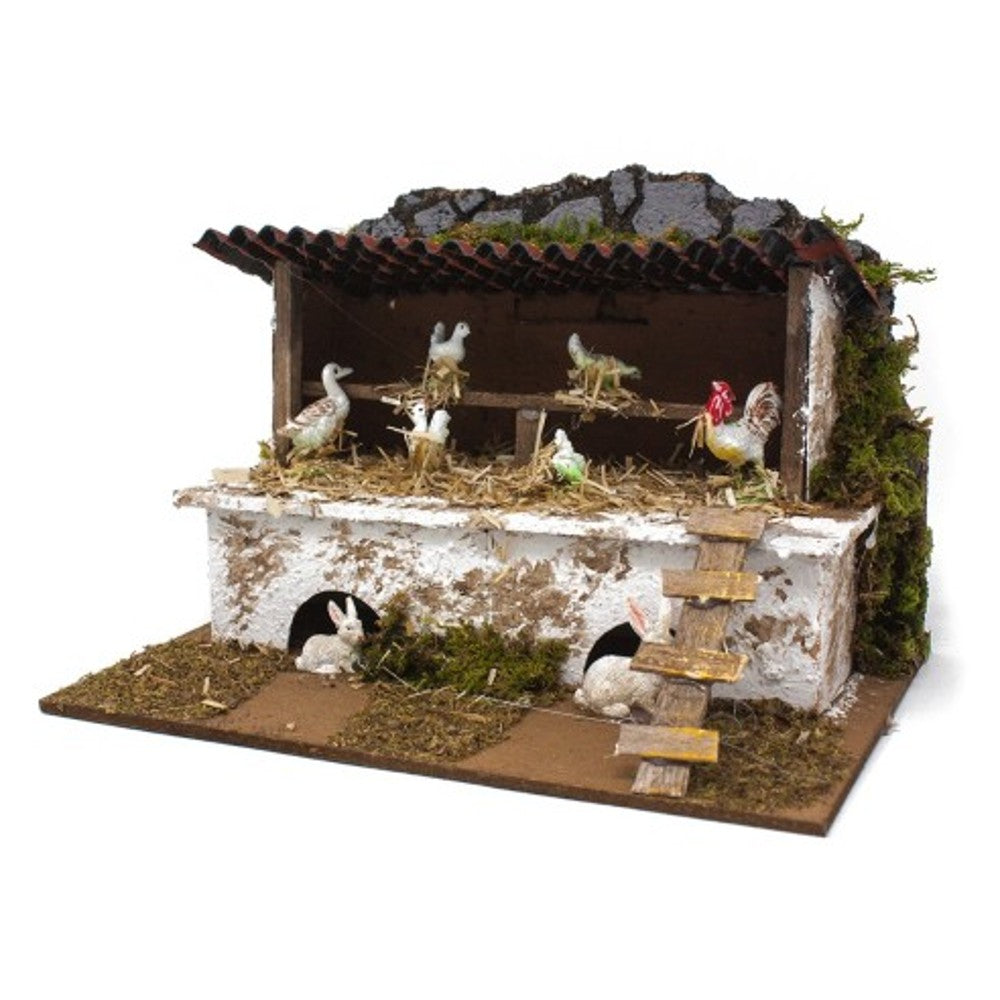 Stalla con polli e conigli per presepe 24x14x12 cm
