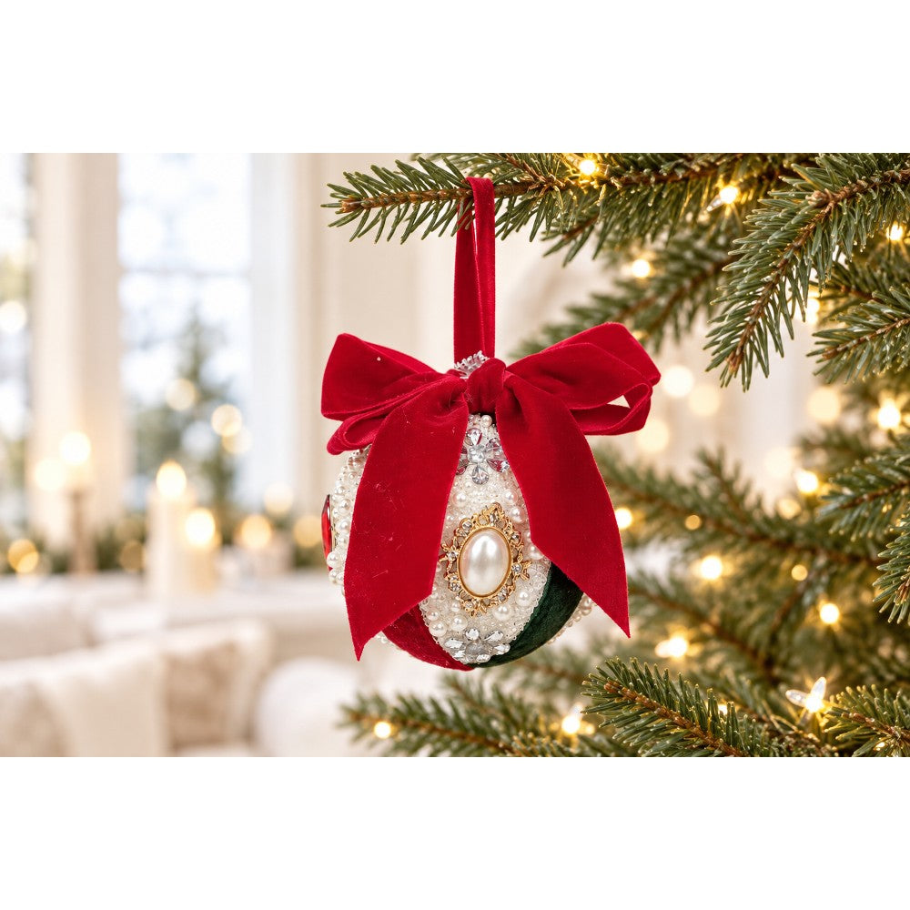 PALLA Natale 8 cm CON PERLINE e FIOCCO ROSSO - immagine 2