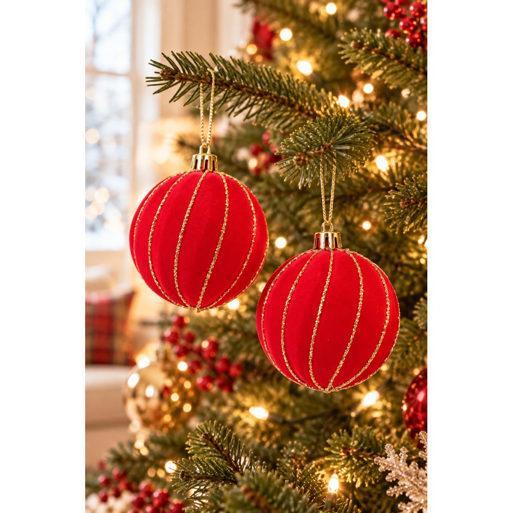 PALLA Natale 6CM EFFETTO VELLUTO ROSSO  GLITTE - immagine 2
