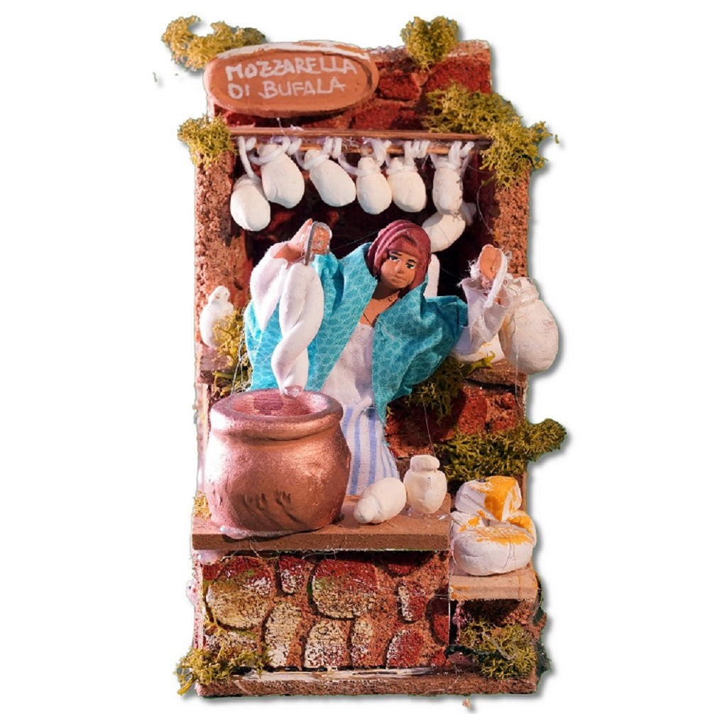 Venditrice di mozzarelle in movimento per presepe 8 cm
