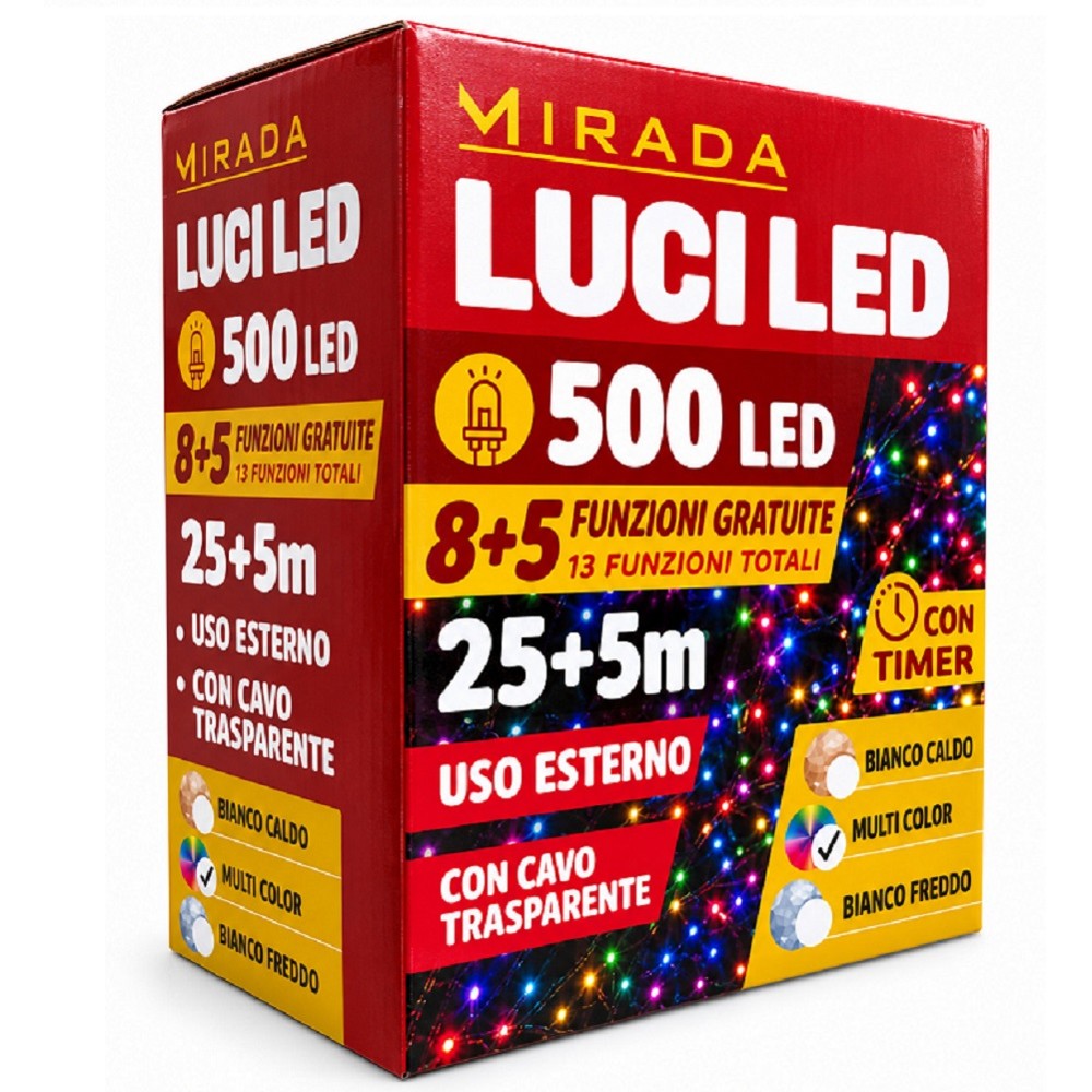 Luci di Natale 500 Led Multicolor Cavo Trasparente