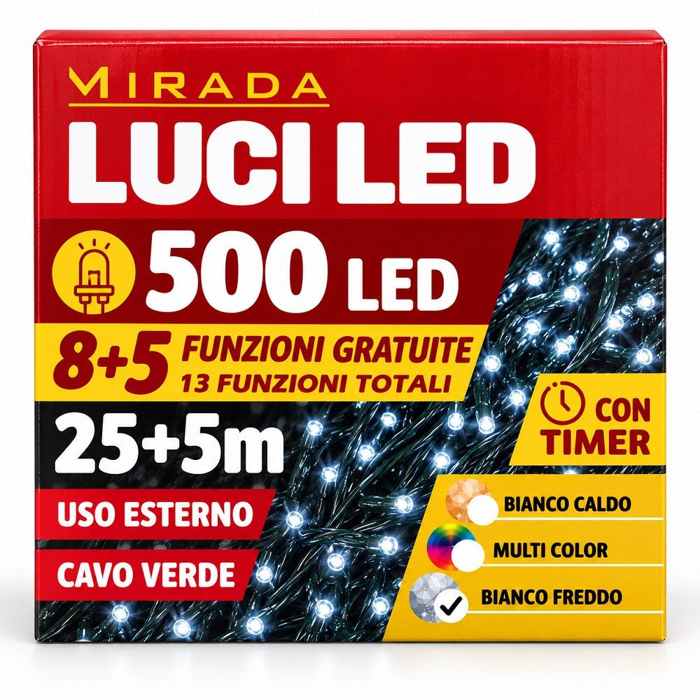 Luci di Natale 500 Led Bianco Freddo Cavo Verde - immagine 3