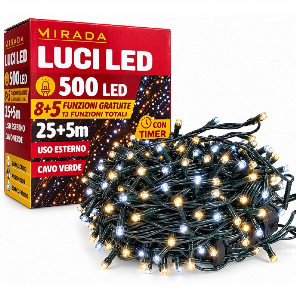 Luci di Natale 500 Led Bianco Caldo/Freddo Cavo Verde - immagine 2