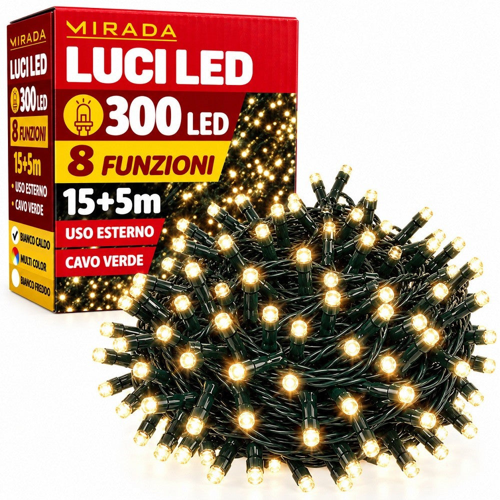 Luci di Natale 300 Led Bianco Caldo Cavo Verde - immagine 2