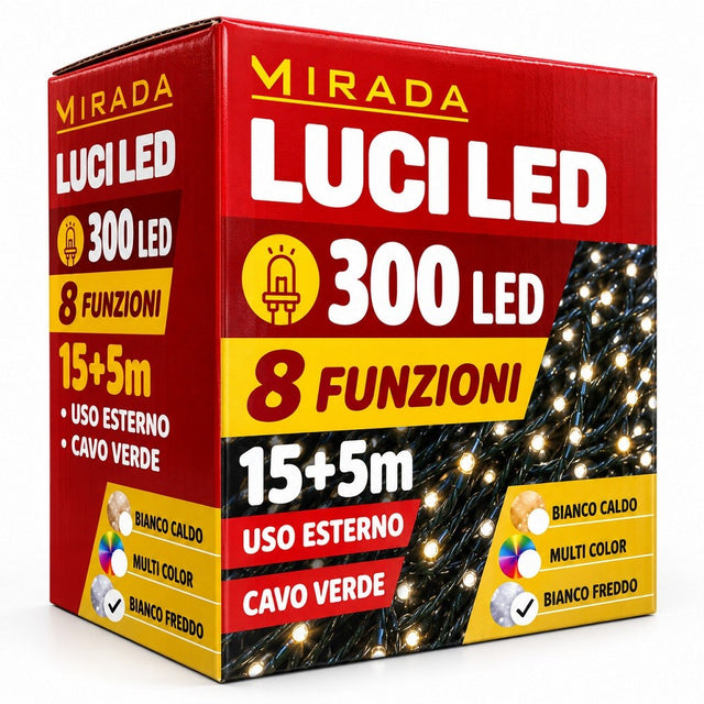 Luci di Natale 300 Led Bianco Freddo Cavo Verde