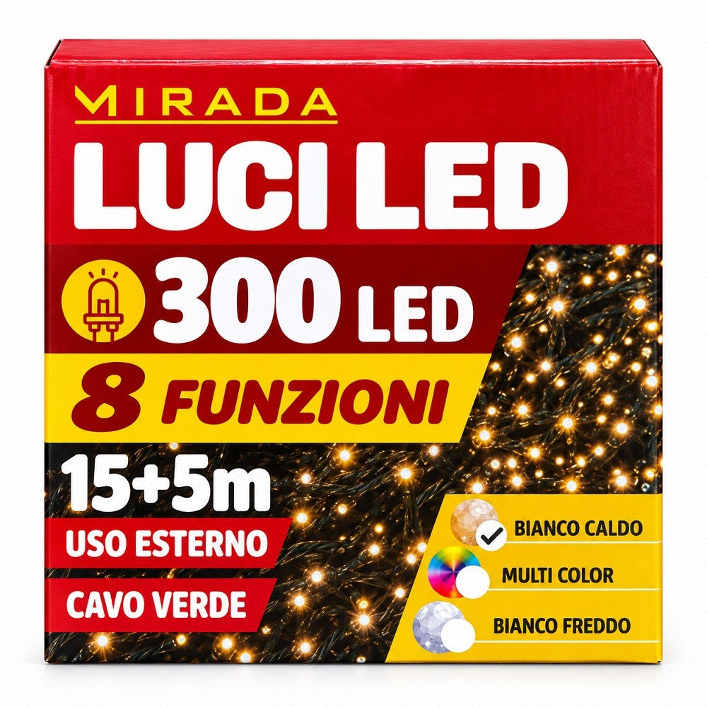 Luci di Natale 300 Led Bianco Caldo Cavo Verde - immagine 3