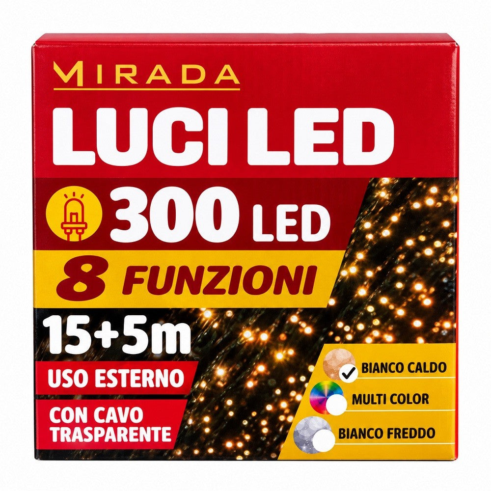 Luci di Natale 300 Led Bianco Caldo Cavo Trasparente - immagine 3