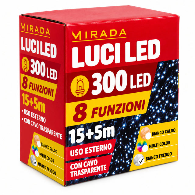 Luci di Natale 300 Led Bianco Freddo Cavo Trasparente