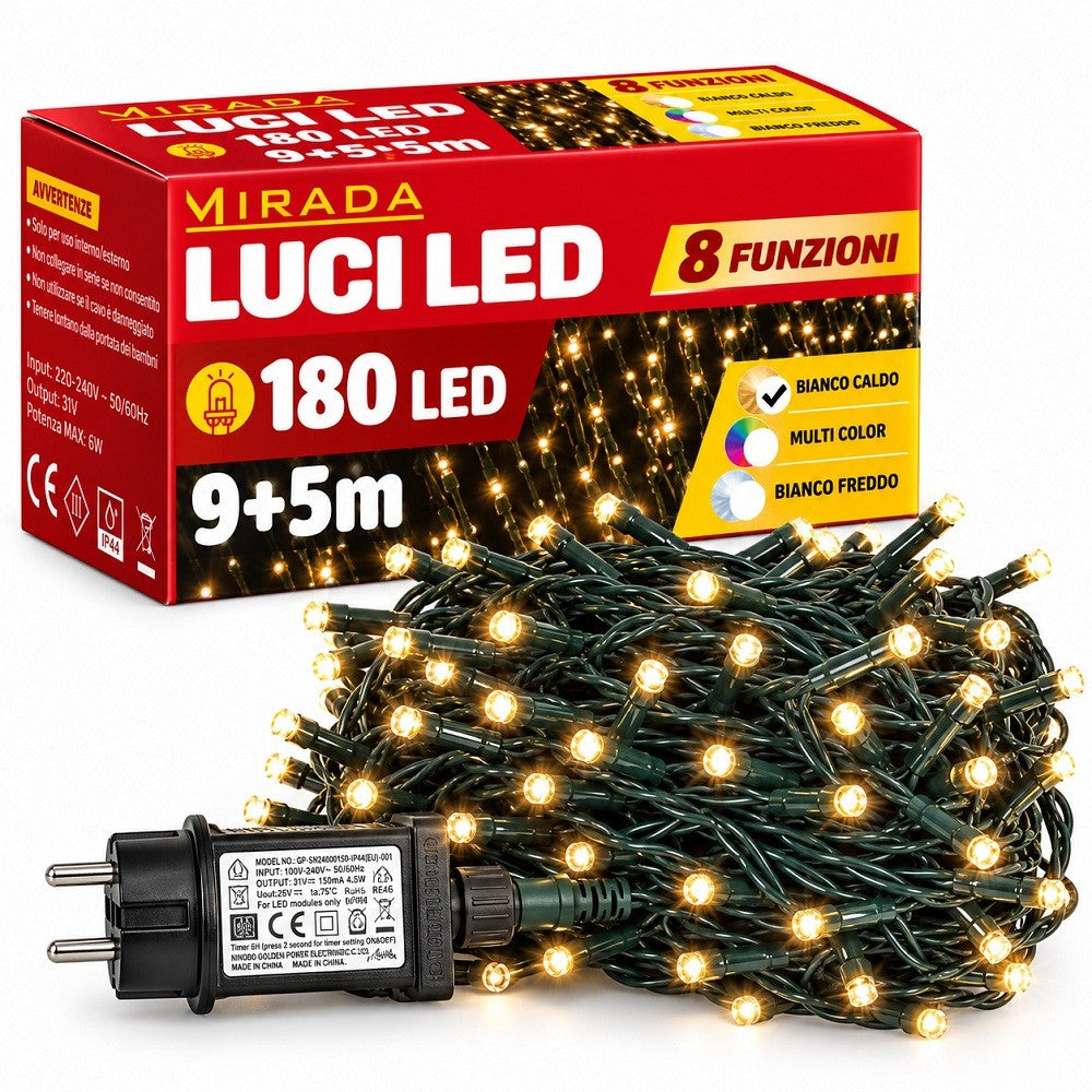 Luci di Natale 180 Led Bianco Caldo Cavo Verde - immagine 2