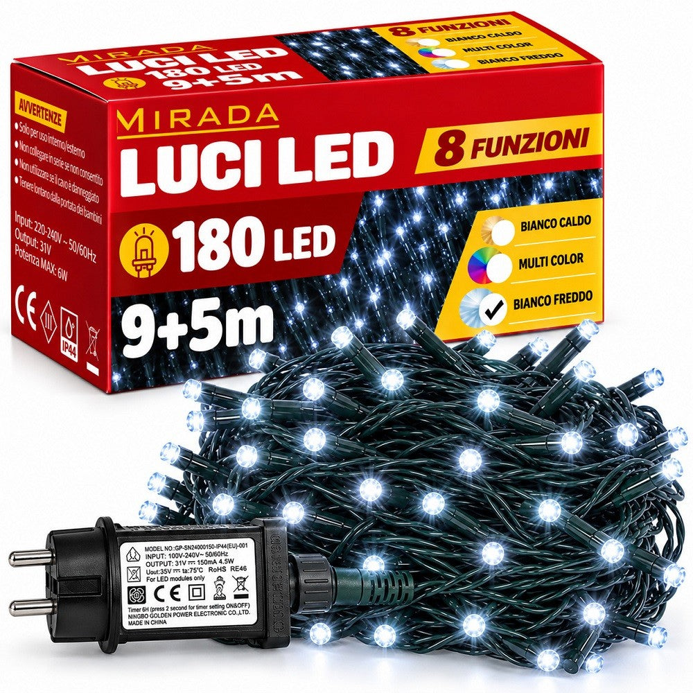 Luci di Natale 180 Led Bianco Freddo Cavo Verde - immagine 2